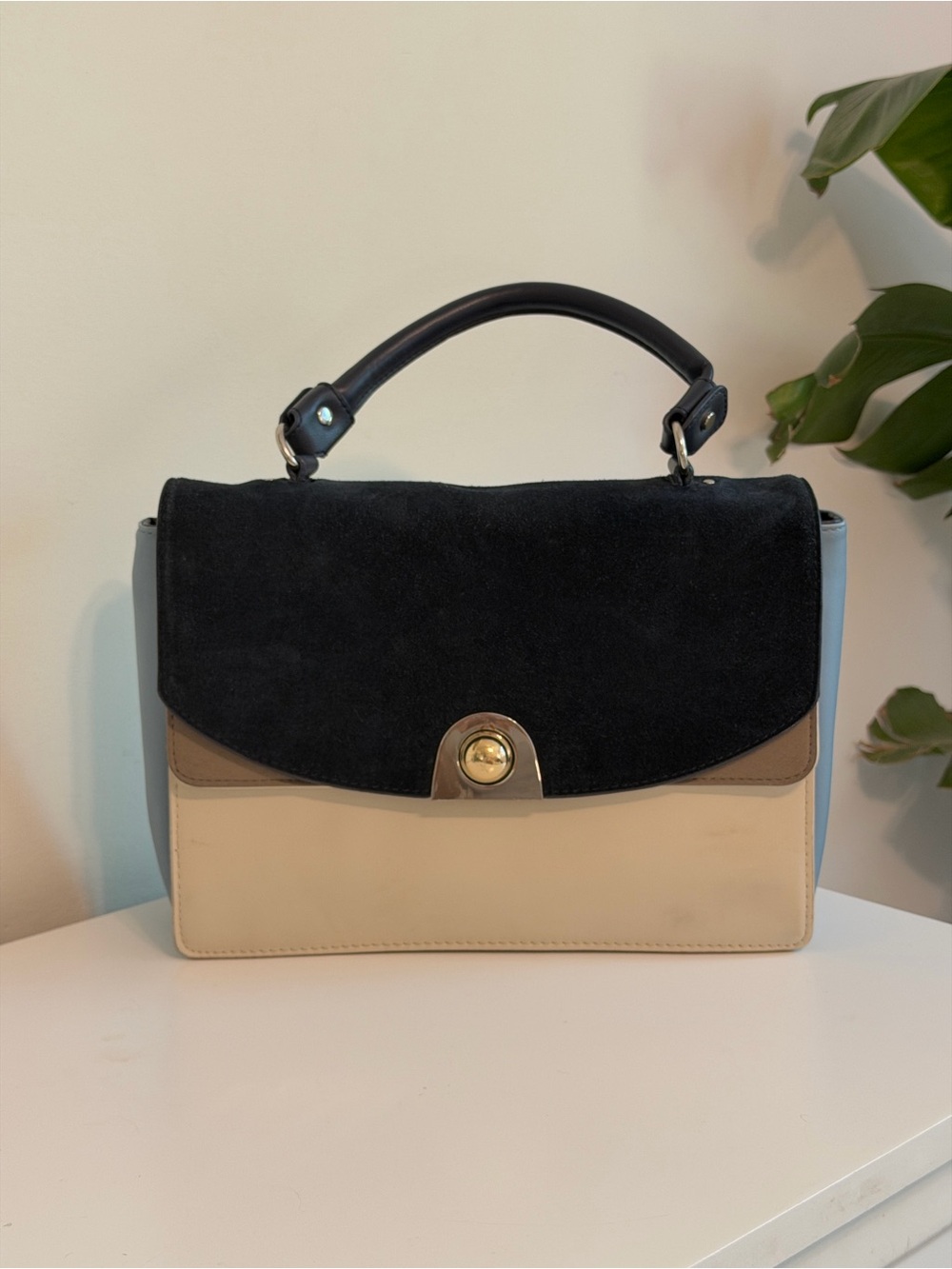 ZARA Top-Handle Colorblock Satchel Bag in Navy and Cream